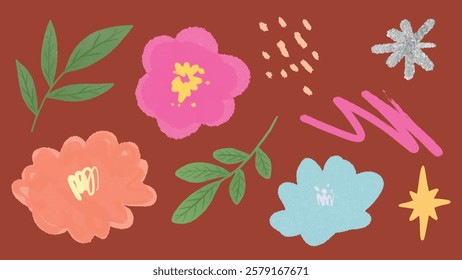 Colorful floral illustration with pink, blue, and orange flowers. Leaves and abstract shapes on a brown background. Bright flowers and leaves in a playful design. Cute vector set.