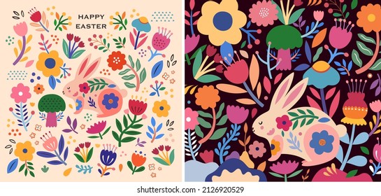 Ilustración floral colorida con conejo. Feliz tarjeta de saludo de Pascua con conejo decorativo de Pascua