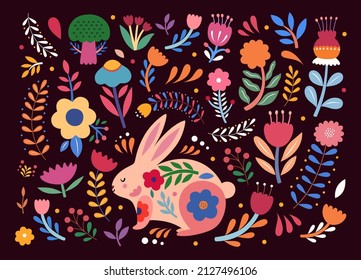 Ilustración floral colorida con conejo. Feliz tarjeta de saludo de Pascua con conejo decorativo de Pascua