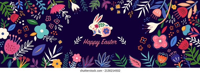 Colorful floral illustration with rabbit. Happy easter greeting card with decorative easter bunny	
