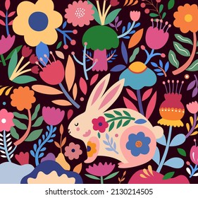 Colorful floral illustration with rabbit. Happy easter greeting card with decorative easter bunny