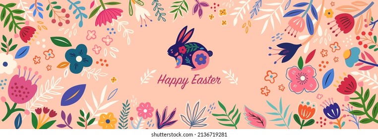 Colorful floral illustration with rabbit. Happy easter greeting card with decorative easter bunny	