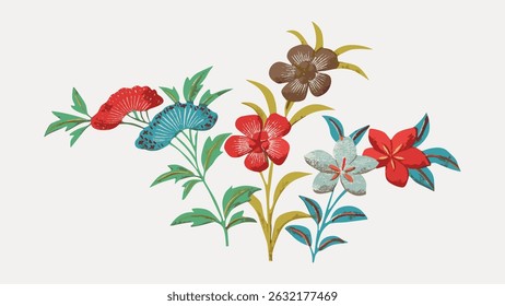 Colorful floral illustration with red, blue, and brown flowers. Decorative flowers with green leaves. Artistic floral design with vibrant colors. Vintage art illustration vector.