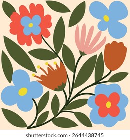 Colorful floral illustration with stylized flowers and green leaves on a cream background.