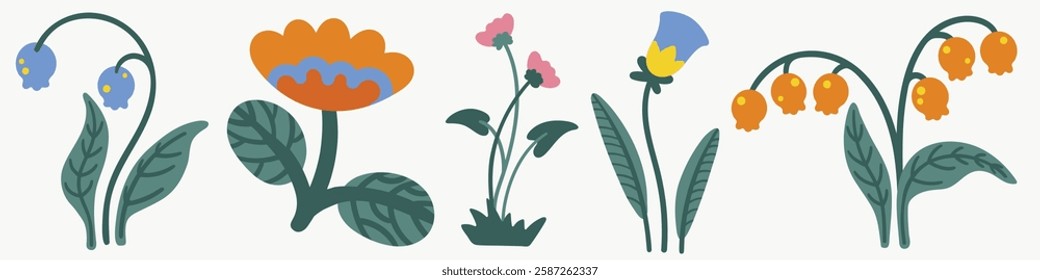 Colorful floral illustration with various flowers. Flowers include bluebells, orange blooms, and pink petals. Green leaves complement the flowers. Floral design. Nature illustrations, isolated vectors