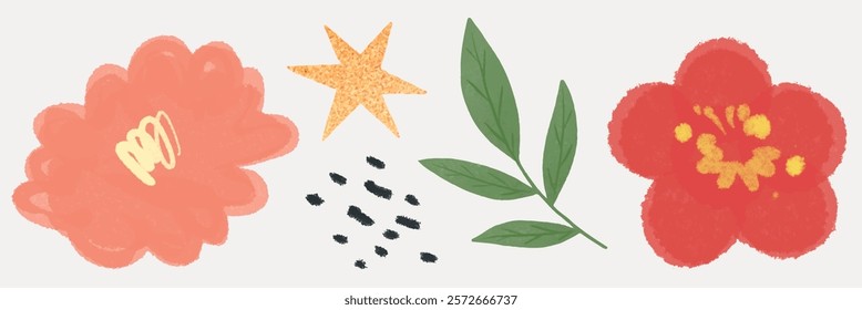 Colorful floral illustration with vibrant flowers, leaves, and abstract shapes. Features red and orange flowers, green leaves, and decorative elements. Cute vector set.