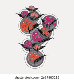 Colorful floral illustration with vibrant pink and orange flowers. Flowers arranged in circular patterns. Artistic floral design with bold colors and floral themes. Vintage flower illustration vector.