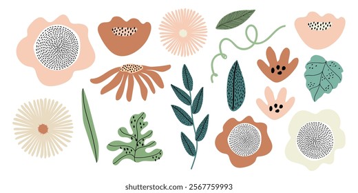 Colorful floral illustrations with abstract flowers, leaves, and petals. Botanical elements, floral patterns, and nature-inspired designs in various shapes. Pastel memphis element vector set.