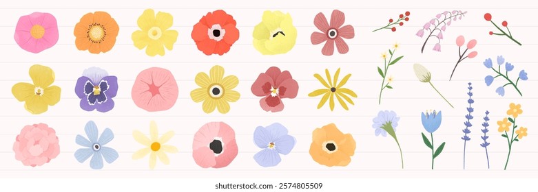 Colorful floral illustrations featuring diverse flowers in various shapes and colors. These floral designs highlight vibrant and diverse floral elements. Spring illustrations, vector set.