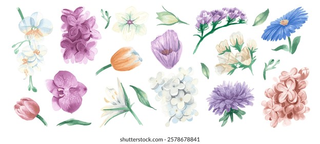 Colorful floral illustrations featuring orchids, tulips, and lilacs. Delicate watercolor flowers in purple, pink, and blue. Elegant floral designs for decor. Spring flower illustrations, vector set.