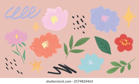 Colorful floral illustrations with leaves and abstract shapes. Flowers in pink, red, and blue. Leaves and stars add to the vibrant floral design. Cute vector set.