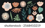 Colorful floral illustrations with leaves and flowers. Floral patterns in pink, green, and orange. Decorative flowers and leaves on a dark background. Pastel memphis element vector set.