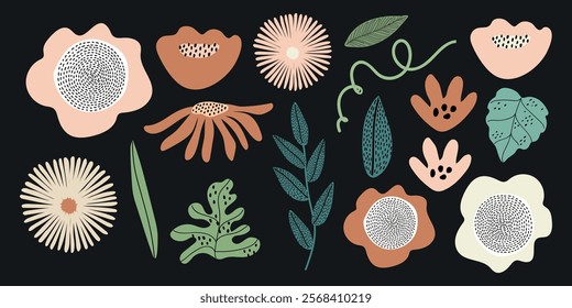 Colorful floral illustrations with leaves and flowers. Floral patterns in pink, green, and orange. Decorative flowers and leaves on a dark background. Pastel memphis element vector set.