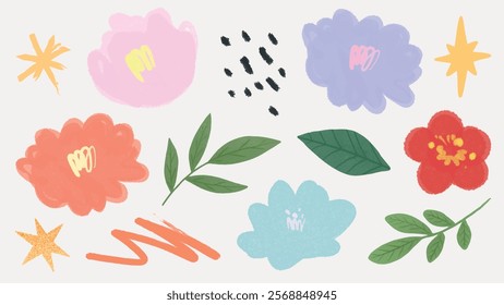 Colorful floral illustrations with leaves and stars. Bright flowers in pink, orange, blue, and red. Leaves and stars add charm to the floral design. Cute vector set.