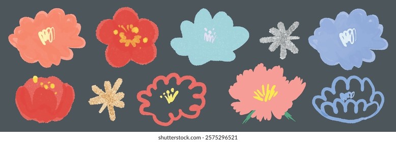 Colorful floral illustrations on a dark background. Red, pink, blue flowers with yellow accents. Vibrant flowers, playful flowers, artistic flowers. Cute vector set.