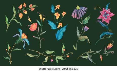 Colorful floral illustrations on a dark background. Vibrant flowers, leaves, and stems. Botanical art with diverse floral designs. Bright, artistic flowers. Watercolor element vector set.
