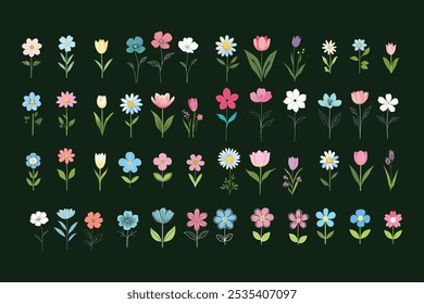 Colorful Floral Illustrations Set with Various Flowers - Hand-Drawn Vector Art Collection