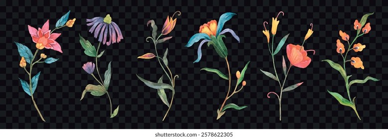 Colorful floral illustrations with various flowers and leaves. Vibrant flowers on a dark background. Artistic floral designs with detailed petals and leaves. Watercolor element vector set.