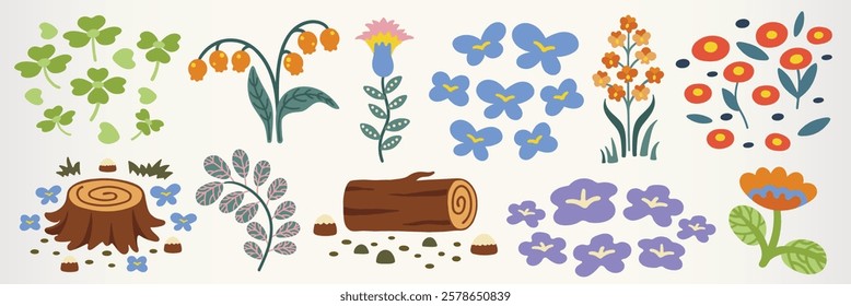 Colorful floral illustrations with various flowers, leaves, and logs. Vibrant flowers and leaves create a lively floral design. Logs add a natural touch. Spring flower illustrations, isolated vectors.