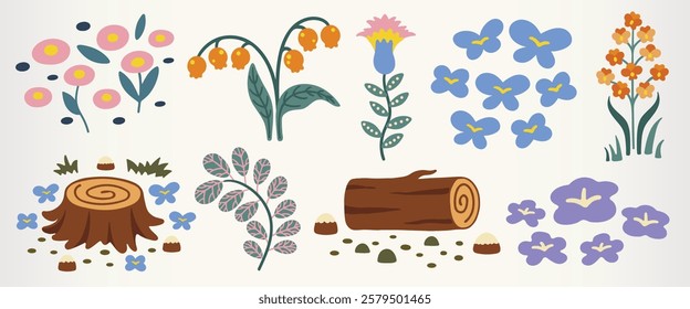 Colorful floral illustrations with various flowers, leaves, and logs. Bright flowers and leaves create a vibrant floral pattern with logs and leaves. Nature illustrations, isolated element vector set.