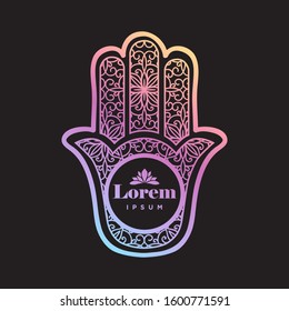 Colorful floral lace pattern inside "Hand of God",  Ancient Middle Eastern amulet. Vector label frame template