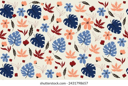 Colorful floral and leaf pattern design.