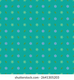Colorful floral and leaf pattern in green and purple, repeated over a teal background, creating a vibrant, decorative design for wallpapers, stationary, or fabric applications.