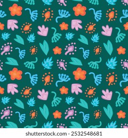 Colorful Floral and Leaf Seamless Pattern on Dark Green Background. Concept of Nature Illustration, Botanical Elements, Bright Flowers, Vibrant Leaves. Design for Fabric, Wallpaper or Wrapping Paper