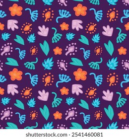 Colorful Floral and Leaf Seamless Pattern on Dark Purple Background. Concept of Nature Illustration, Botanical Elements, Bright Flowers, Vibrant Leaves. Design for Fabric, Wallpaper or Wrapping Paper