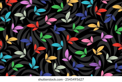 Colorful Floral leaf seamless pattern vintage retro style texture dark black background decorative ornamental