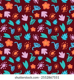 Patrón inconsútil floral y de la hoja colorida en fondo rojo. Concepto de ilustración de Naturaleza, Elementos botánicos, flores brillantes, hojas vibrantes. Diseño para tela, Fondo de pantalla o papel de embalaje