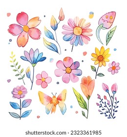 colorful floral with leaves and flowers, drawing watercolor