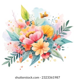 colorful floral with leaves and flowers, drawing watercolor