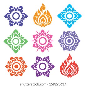 Colorful Floral And Leaves Of Thai Pattern On White Background, Vector Set