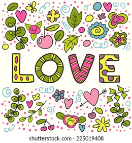 Colorful floral LOVE. Hand drawing vector illustration.