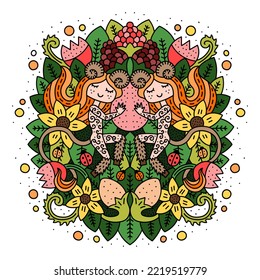 Colorful Floral Mandala With Cute Little Faun. Magical Woodland Creatures. Summer Forest Ornament. Fantasy Poster And Print For Kids. Cartoon Vector Illustration. Isolated On White