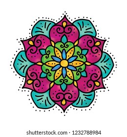 colorful floral mandala, freehand drawing, watercolor effect