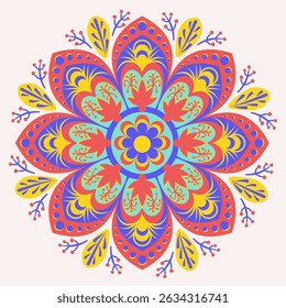 Mandala floral colorido, Desenhado à mão Vetor Design liso, Forma redonda, Motivo floral, Flor estilizada, Ilustração floral, Símbolo de Chakra para meditação, ioga, logotipo, fundo, hena, tatuagem, papel de parede