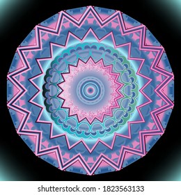 Farbiges Blumenmandala-Muster. Rundblume. Zigzag-Ornament. Dekorative schöne strukturierte Muster. Vektorgrafik-Zierhintergrund. Ethnische Stammeskultur im Hintergrund. Ornate gemusterte Zickzack-Design.