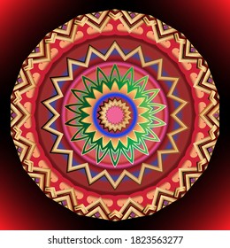 Colorful floral mandala pattern. Round flower. Zigzag ornament. Decorative beautiful textured patterns. Vector ornamental background. Ethnic tribal style backdrop. Ornate patterned zig zag design.