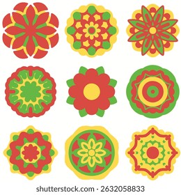 Colorful floral mandala set with vibrant red, green, and yellow patterns. Decorative symmetrical flower icons perfect for prints, stickers, icons, or graphic design. Vector illustration, EPS 10.