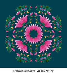 Colorful Floral Mandala Vector for Decorative Work. Vibrant floral mandala vector on dark background, ideal for decorative designs, greeting cards, and invitations. High-quality digital illustration.