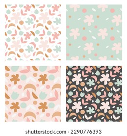 Colorful floral minimalistic primitive pattern set. Textile design.