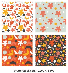 Colorful floral minimalistic primitive pattern set. Textile design.