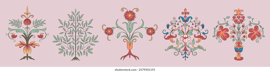 Colorful floral motifs with intricate patterns. Five distinct designs with vibrant flowers and leaves, showcasing detailed floral artistry on a light background. Decorative illustrations, vector set.