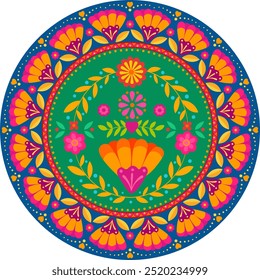 Colorful floral motifs mandala in mexican style design. Use for print, wall art, digital design,calendars, postcard, greeting, cover for diaries, notebook. Hispanic heritage month theme