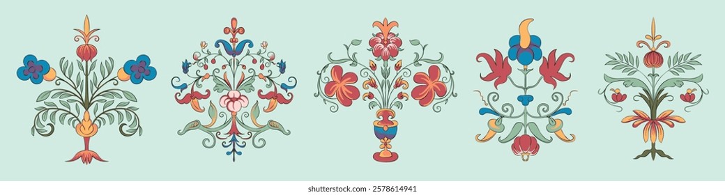 Colorful floral motifs in symmetrical designs. Intricate patterns with vibrant flowers. Decorative floral art with detailed ornamentation. Decorative illustrations, isolated element vector set.