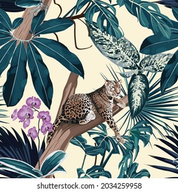 Colorful floral night pattern with tiger leopard sleeping on the tree and exotic tropical leaves illustration. Fashion ornament on yellow background.