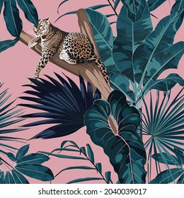 Colorful floral night pattern with tiger leopard sleeping on the tree and exotic tropical leaves illustration. Fashion ornament on pink background.