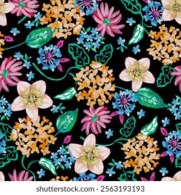 colorful floral on a dark background. seamless pattern textile design